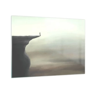 Glasbild - Bild auf glas - Silhouette einer Person, die am Rand einer Klippe über dem Nebel steht - 70x50cm - Nach oben, natürlich! - Moderne Wanddekoration für Wohnzimmer und Schlafzimmer ARTTOR