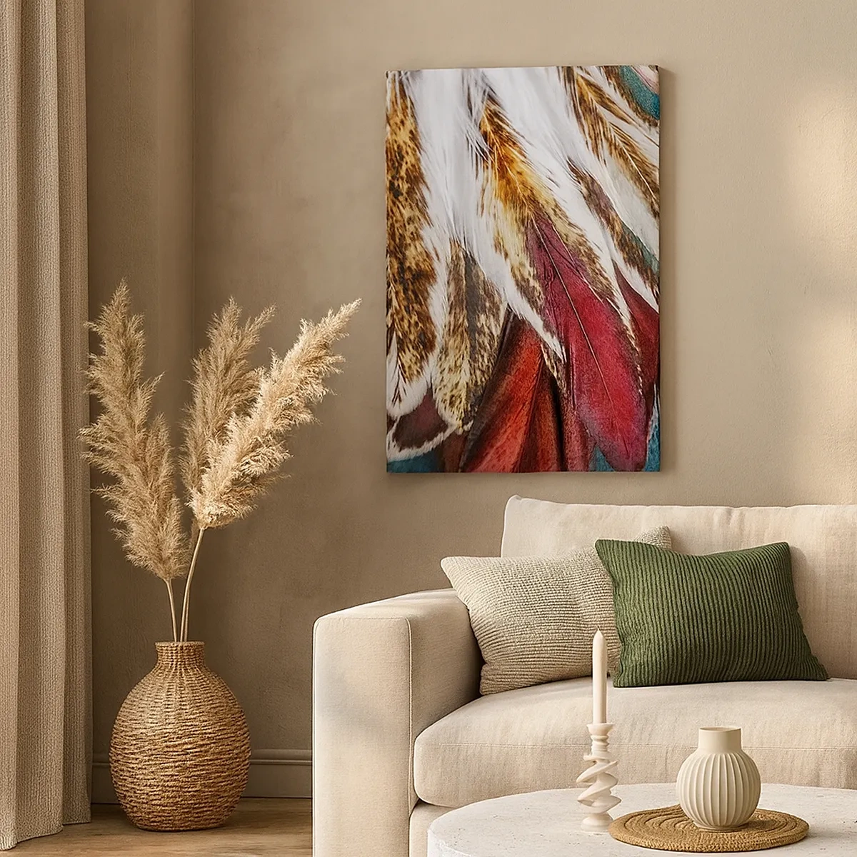 Bild auf Leinwand - Leinwandbild - Nahaufnahme von mehrfarbigen Federn in leuchtenden, intensiven Farben - 50x70cm - Geheimnisse des Fliegens - Moderne Wanddekoration für Wohnzimmer und Schlafzimmer ARTTOR