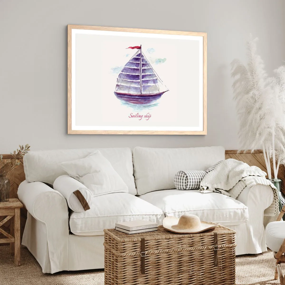 Poster in einem Rahmen aus heller Eiche - Volle Segel und ruhiges Wasser - 100x70 cm