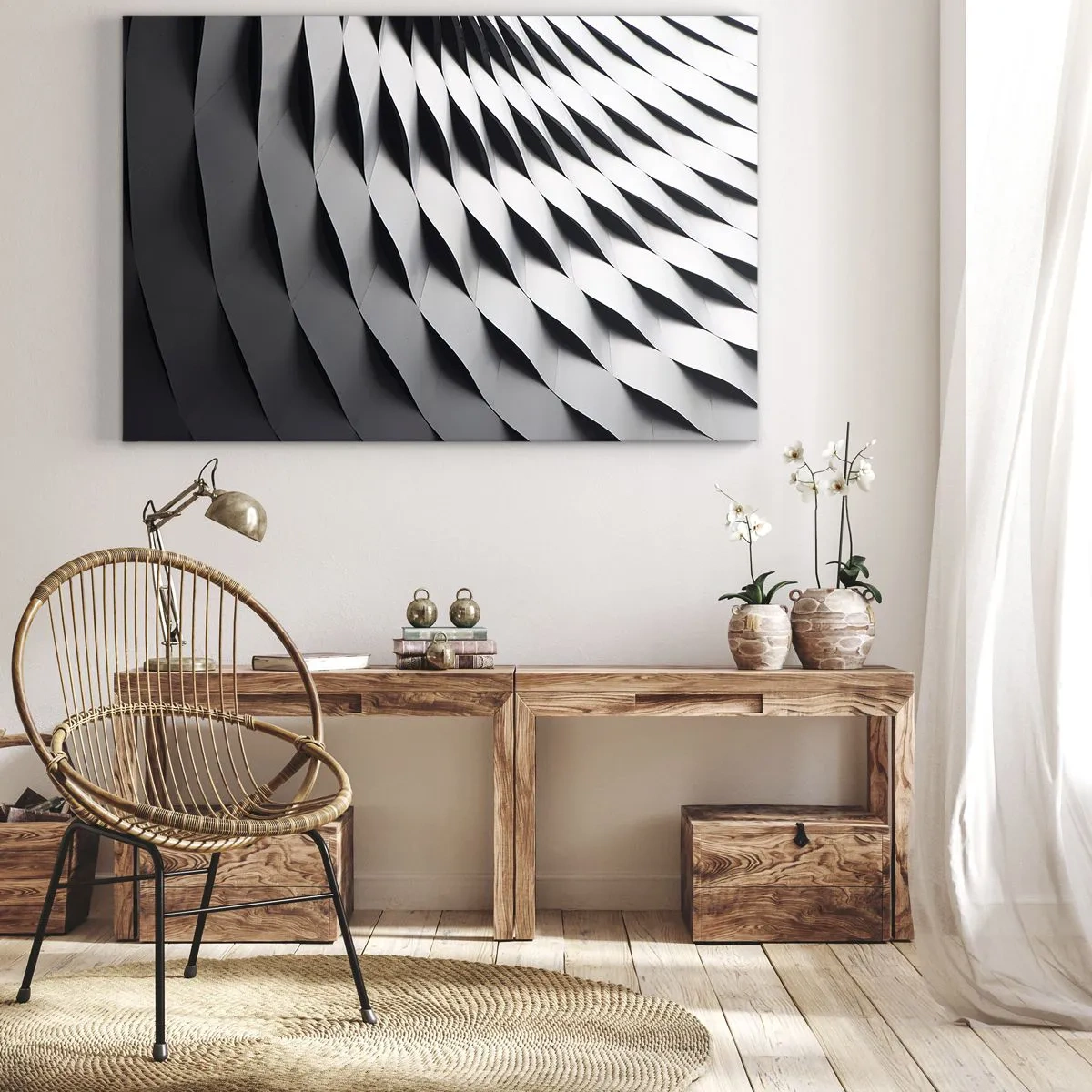Bild auf Leinwand - Leinwandbild - Abstraktes geometrisches Muster in Schwarz-Weiß-Tönen - 70x50cm - Auf der Oberfläche der Wellen - Moderne Wanddekoration für Wohnzimmer und Schlafzimmer ARTTOR