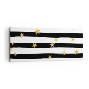 Bild auf Leinwand - Leinwandbild - Schwarz-weiße Streifen mit goldenen Sternen - 120x50cm - Wir wurden alle unter einem glücklichen Stern geboren - Moderne Wanddekoration für Wohnzimmer und Schlafzimmer ARTTOR