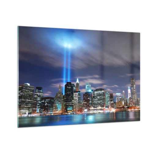 Glasbild - Bild auf glas - Abendpanorama der Stadt mit Scheinwerfern - 100x70cm - Erreiche den Himmel mit dem Licht - Moderne Wanddekoration für Wohnzimmer und Schlafzimmer ARTTOR