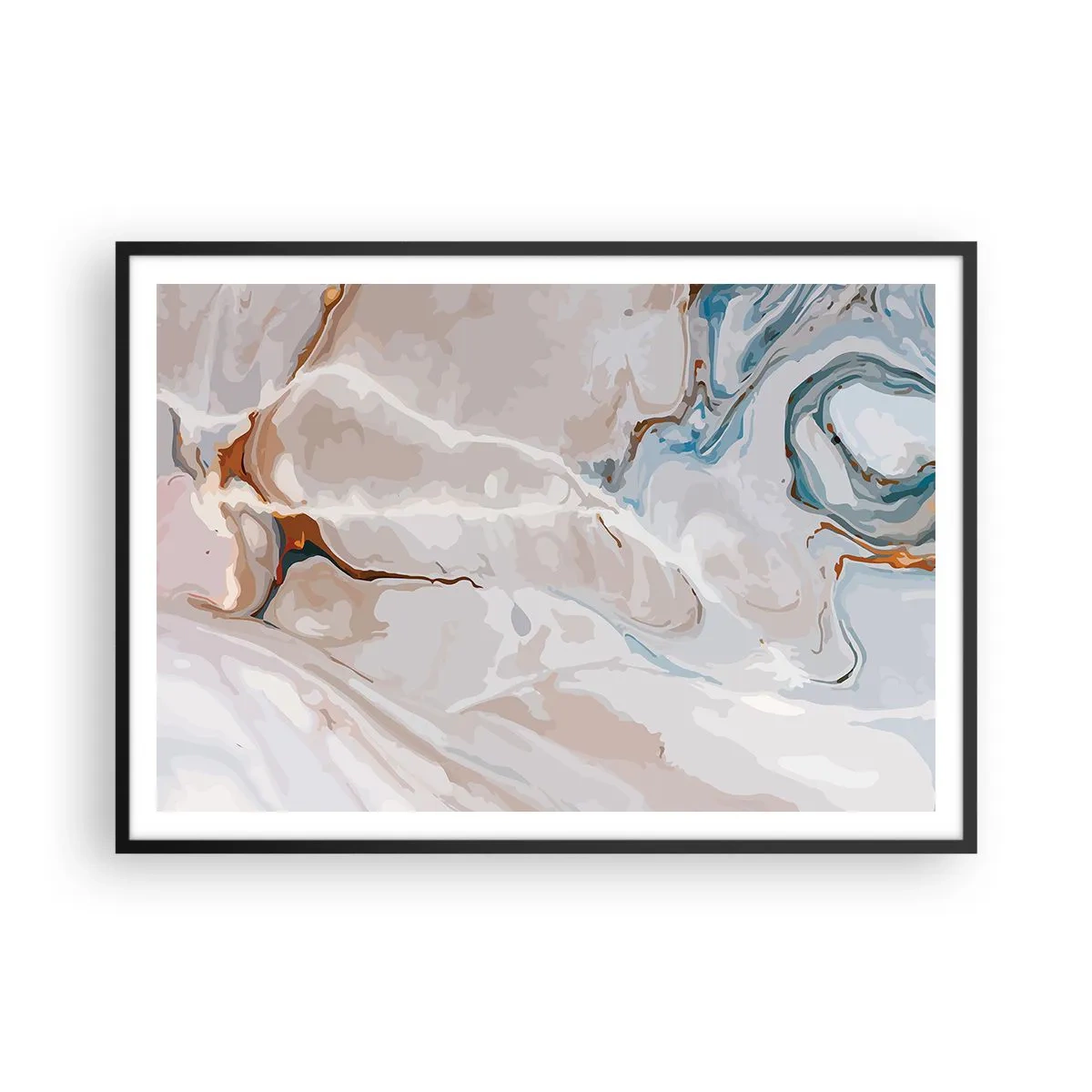 Poster in einem schwarzem Rahmen - Abstraktes Muster in Weiß- und Blautönen - 100x70cm - Blau schlängelt sich unter dem Weiß - Moderne Wanddekoration für Wohnzimmer und Schlafzimmer ARTTOR