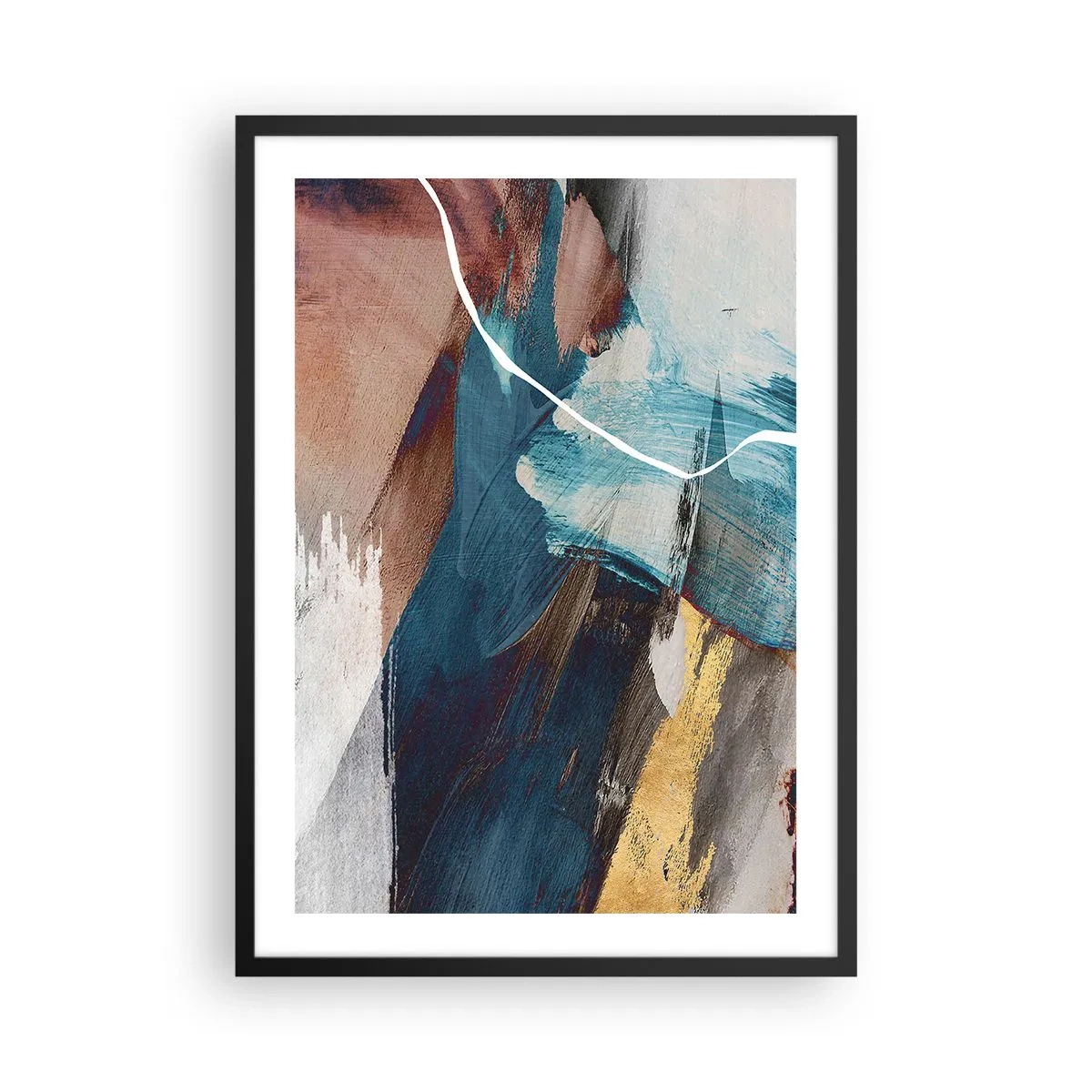 Poster in einem schwarzem Rahmen - Ausdrucksstarke Abstraktion in Blau- und Goldtönen - 50x70cm - Großzügig und mit Energie - Moderne Wanddekoration für Wohnzimmer und Schlafzimmer ARTTOR