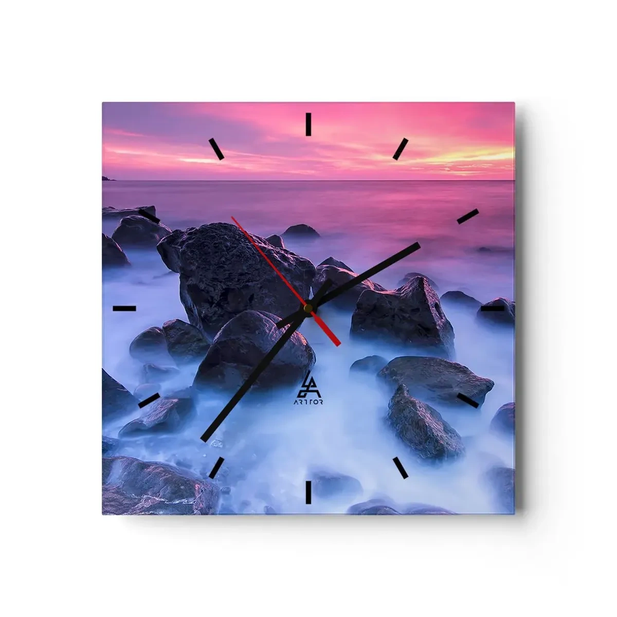Wanduhr - Glasuhr - Felsige Küste bei Sonnenuntergang - 30x30cm - Geburt bei Licht und Nebel - Moderne Wanddekoration für Wohnzimmer und Schlafzimmer ARTTOR