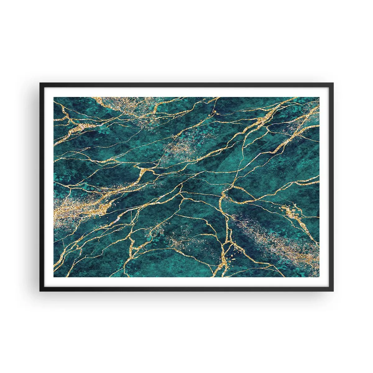 Poster in einem schwarzem Rahmen - Strukturiertes Marmormuster in Türkis- und Goldtönen - 100x70cm - Goldmine - Moderne Wanddekoration für Wohnzimmer und Schlafzimmer ARTTOR