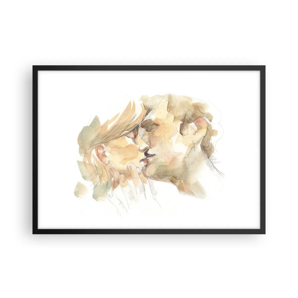 Poster in einem schwarzem Rahmen - Romantisches Aquarellporträt eines sich küssenden Paares - 70x50cm - Hälfte gefunden? - Moderne Wanddekoration für Wohnzimmer und Schlafzimmer ARTTOR