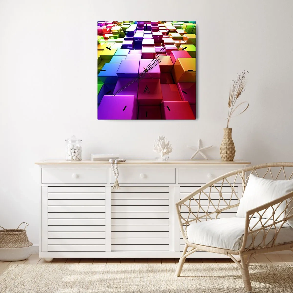 Wanduhr - Glasuhr - Bunte geometrische 3D-Würfel - 30x30cm - Op-Art gemeinsam im Team - Moderne Wanddekoration für Wohnzimmer und Schlafzimmer ARTTOR
