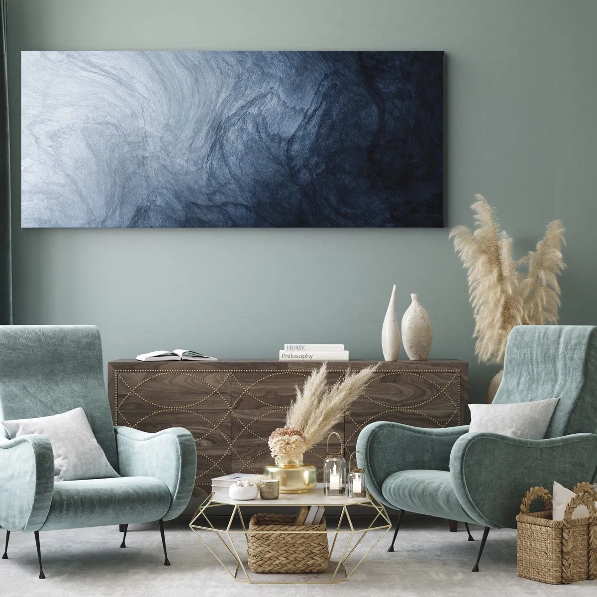 Bild auf Leinwand - Leinwandbild - Eine abstrakte Komposition in Blau- und Marineblautönen. - 160x50cm - Greifen Sie tief - Moderne Wanddekoration für Wohnzimmer und Schlafzimmer ARTTOR
