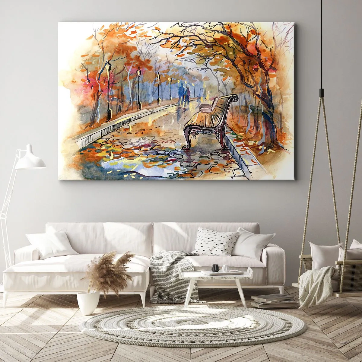Bild auf Leinwand - Leinwandbild - Ein herbstlicher Park mit einer Bank in Aquarell - 70x50cm - Gemeinsam im Herbst wandern - Moderne Wanddekoration für Wohnzimmer und Schlafzimmer ARTTOR