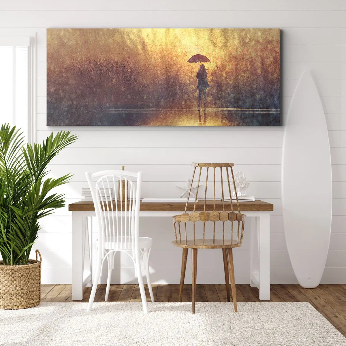 Bild auf Leinwand - Leinwandbild - Eine Figur mit einem Regenschirm in einer nebligen Landschaft voller Reflexionen - 140x50cm - Ich habe das Gefühl, dass mich jemand ansieht - Moderne Wanddekoration für Wohnzimmer und Schlafzimmer ARTTOR