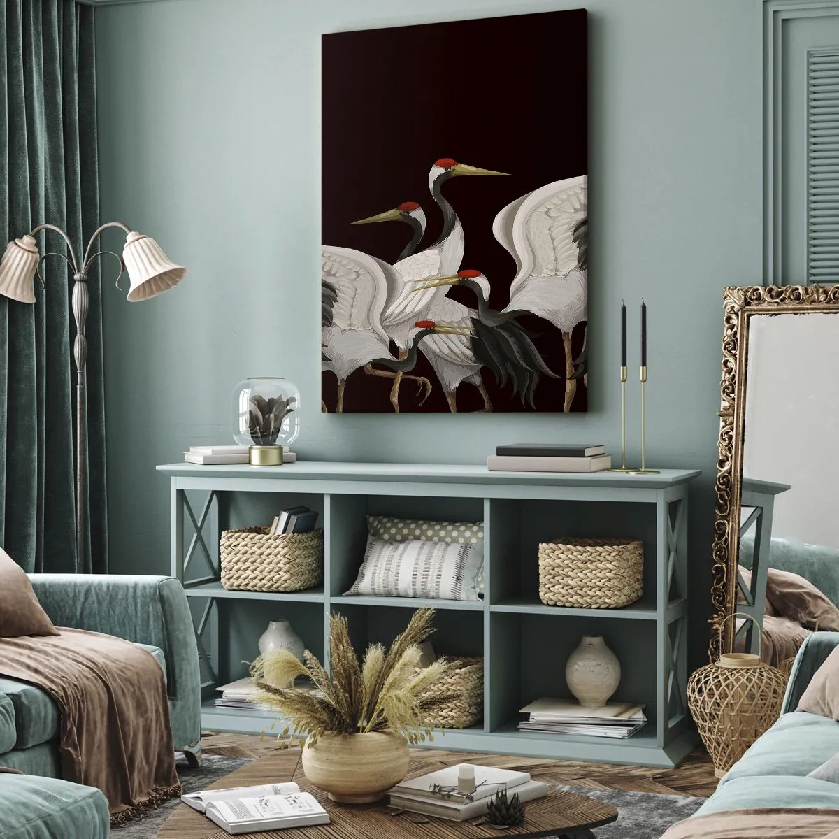 Bild auf Leinwand - Leinwandbild - Weiße Kraniche mit roten Akzenten auf schwarzem Hintergrund - 50x70cm - Vogelsachen - Moderne Wanddekoration für Wohnzimmer und Schlafzimmer ARTTOR