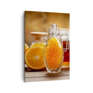 Bild auf Leinwand - Leinwandbild - Eine Flasche bernsteinfarbene Flüssigkeit und frische Orangen - 50x70cm - Sonnige Aromen und Düfte - Moderne Wanddekoration für Wohnzimmer und Schlafzimmer ARTTOR