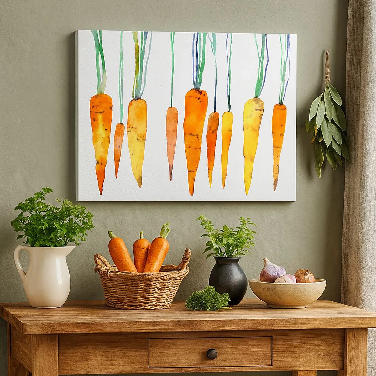 Bild auf Leinwand - Leinwandbild - Aquarell Karotten in verschiedenen Farbtönen auf weißem Hintergrund - 70x50cm - Die Schönheit des Gewöhnlichen - Moderne Wanddekoration für Wohnzimmer und Schlafzimmer ARTTOR