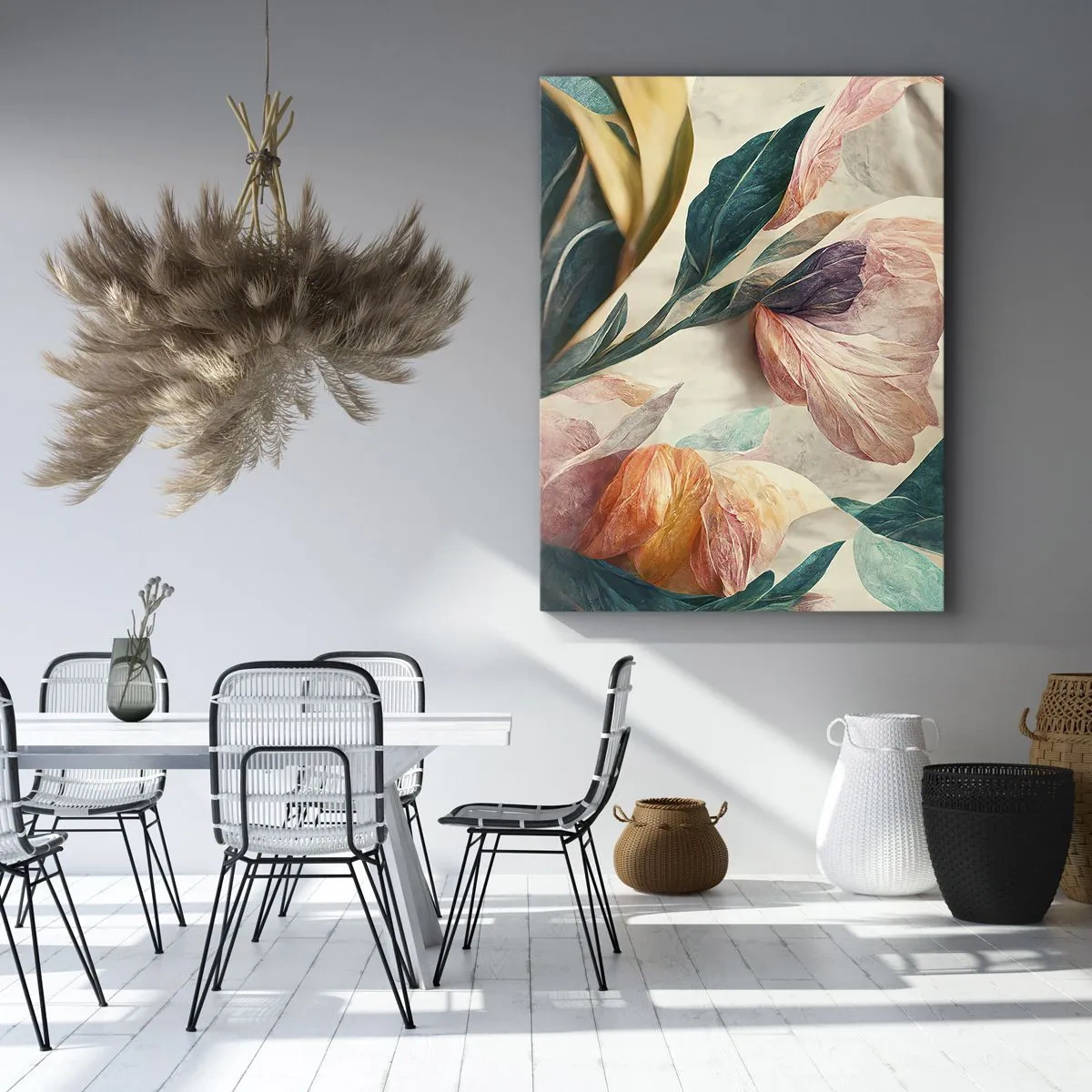 Bild auf Leinwand - Leinwandbild - Bunte Blumen im tropischen Stil auf hellem Hintergrund - 50x70cm - Blumen der südlichen Inseln - Moderne Wanddekoration für Wohnzimmer und Schlafzimmer ARTTOR