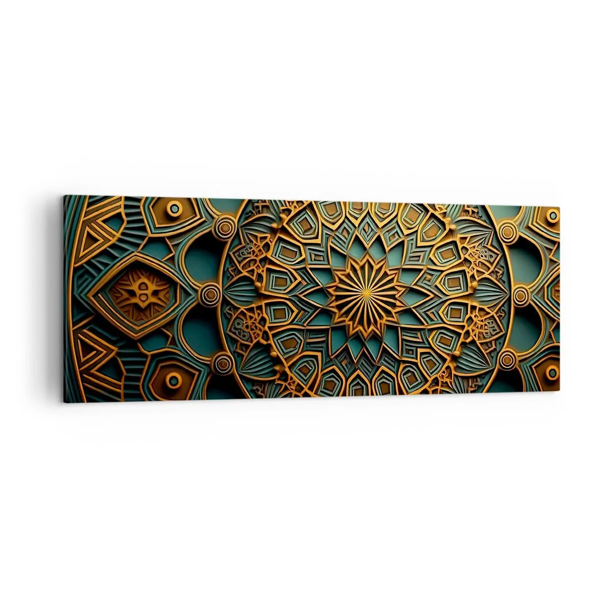 Bild auf Leinwand - Leinwandbild - Ein goldenes Mandala auf türkisfarbenem Hintergrund mit vielen Details. - 140x50cm - In arabischer Atmosphäre - Moderne Wanddekoration für Wohnzimmer und Schlafzimmer ARTTOR