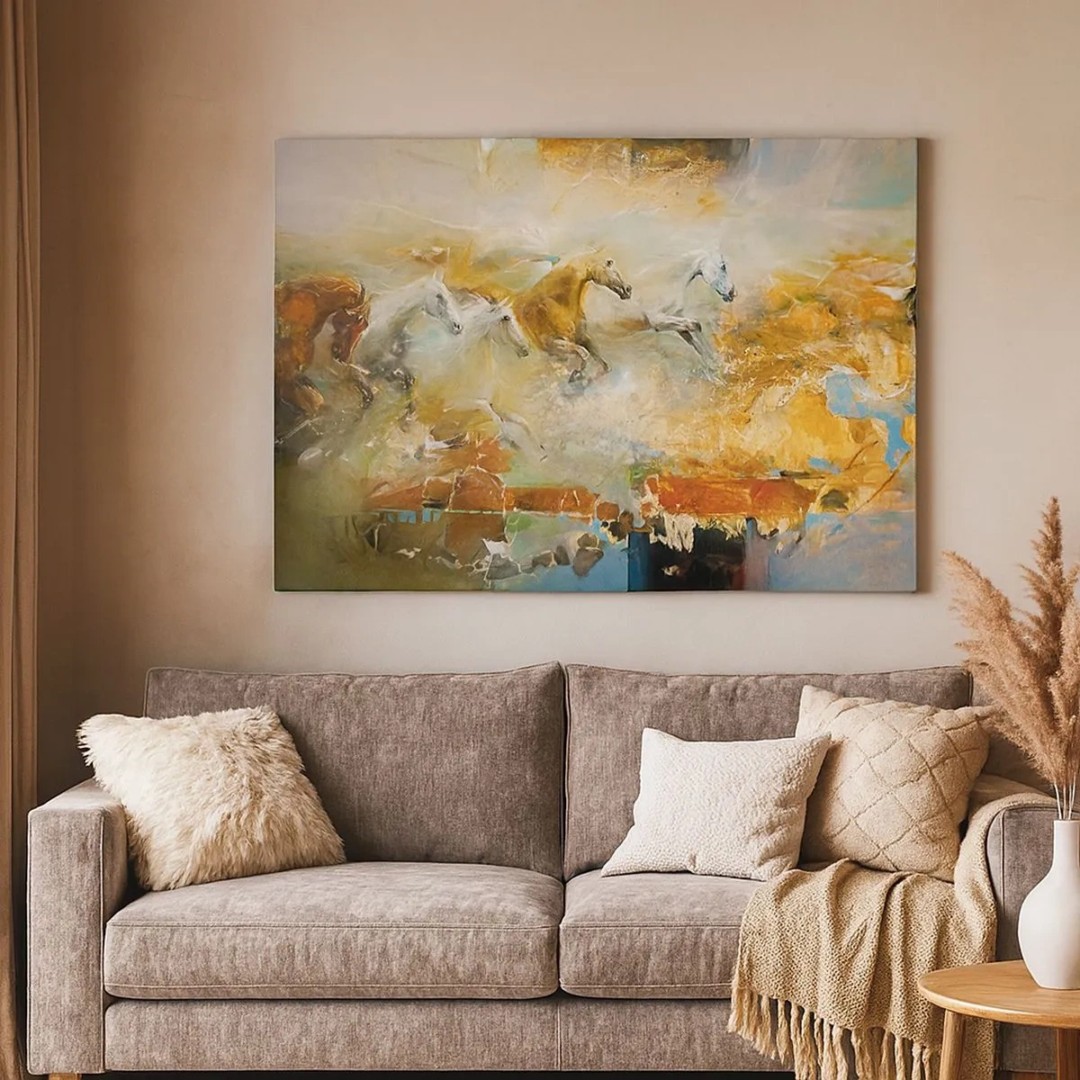 Bild auf Leinwand - Leinwandbild - Künstlerische Pferde in einer dynamischen, farbenfrohen Umgebung - 70x50cm - Im Galopp durch das Licht - Moderne Wanddekoration für Wohnzimmer und Schlafzimmer ARTTOR