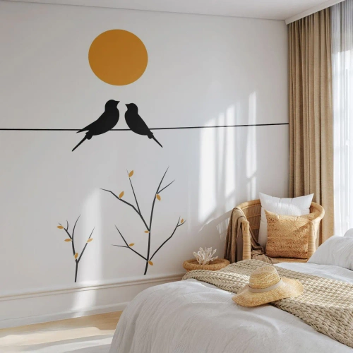 Fototapete Premium Sand - Zwei Vögel auf einer Linie unter der Sonne im minimalistischen Stil - 100x70cm - Abend der Nachtigallen - Moderne Wanddekoration für Wohnzimmer und Schlafzimmer ARTTOR