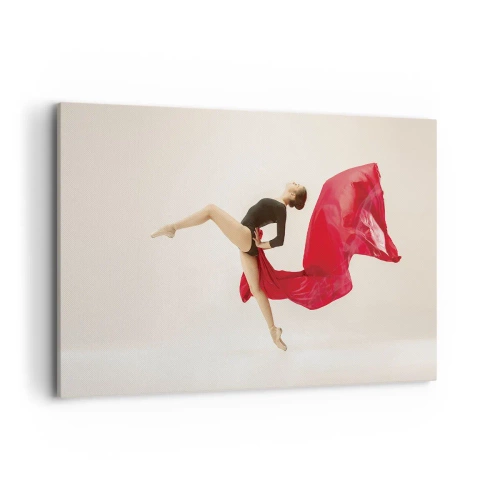 Bild auf Leinwand - Leinwandbild - Eine dynamische Tänzerin in schwarzem Outfit und rotem Stoff in Bewegung. - 120x80cm - Rot und Schwarz - Moderne Wanddekoration für Wohnzimmer und Schlafzimmer ARTTOR