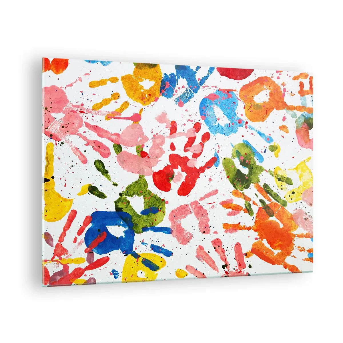 Glasbild - Bild auf glas - Bunte Handabdrücke auf weißem Hintergrund - 70x50cm - Folgen Sie den Spuren - Moderne Wanddekoration für Wohnzimmer und Schlafzimmer ARTTOR