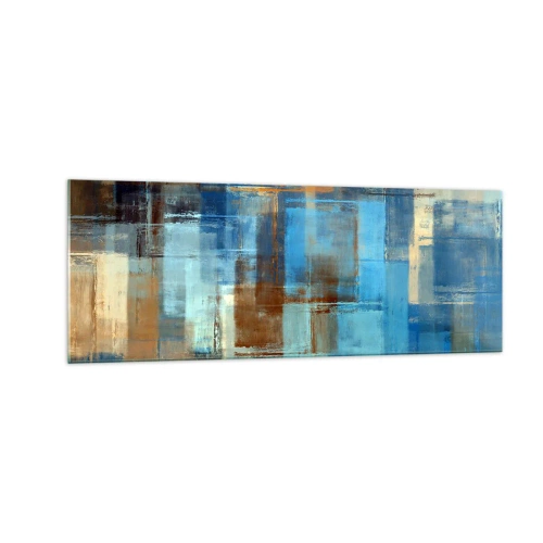 Glasbild - Bild auf glas - Abstrakte geometrische Komposition in Blau- und Brauntönen - 140x50cm - Durch den blauen Schleier - Moderne Wanddekoration für Wohnzimmer und Schlafzimmer ARTTOR