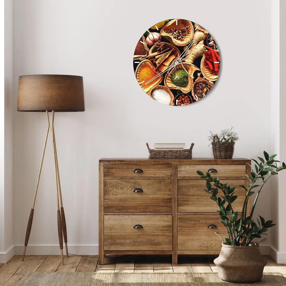 Wanduhr - Glasuhr - Eine Komposition aus Gewürzen in Holzschalen - 30x30cm - Nimm was du willst - Moderne Wanddekoration für Wohnzimmer, Küche und Schlafzimmer ARTTOR