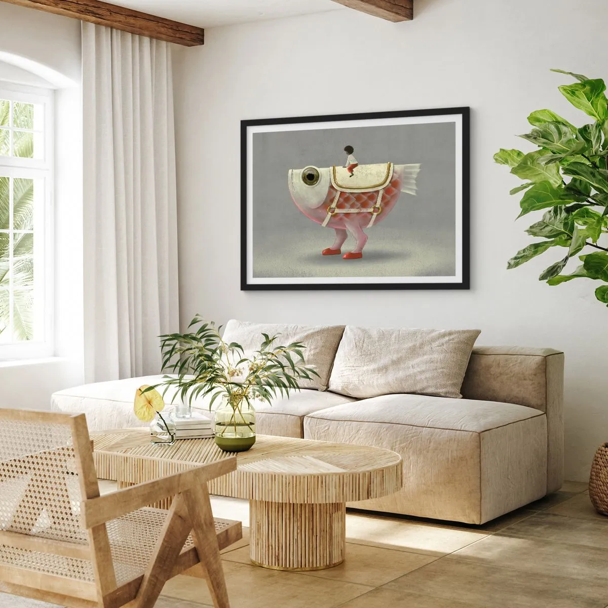 Poster in einem schwarzem Rahmen - Reiter auf einem surrealen Fisch - 91x61 cm