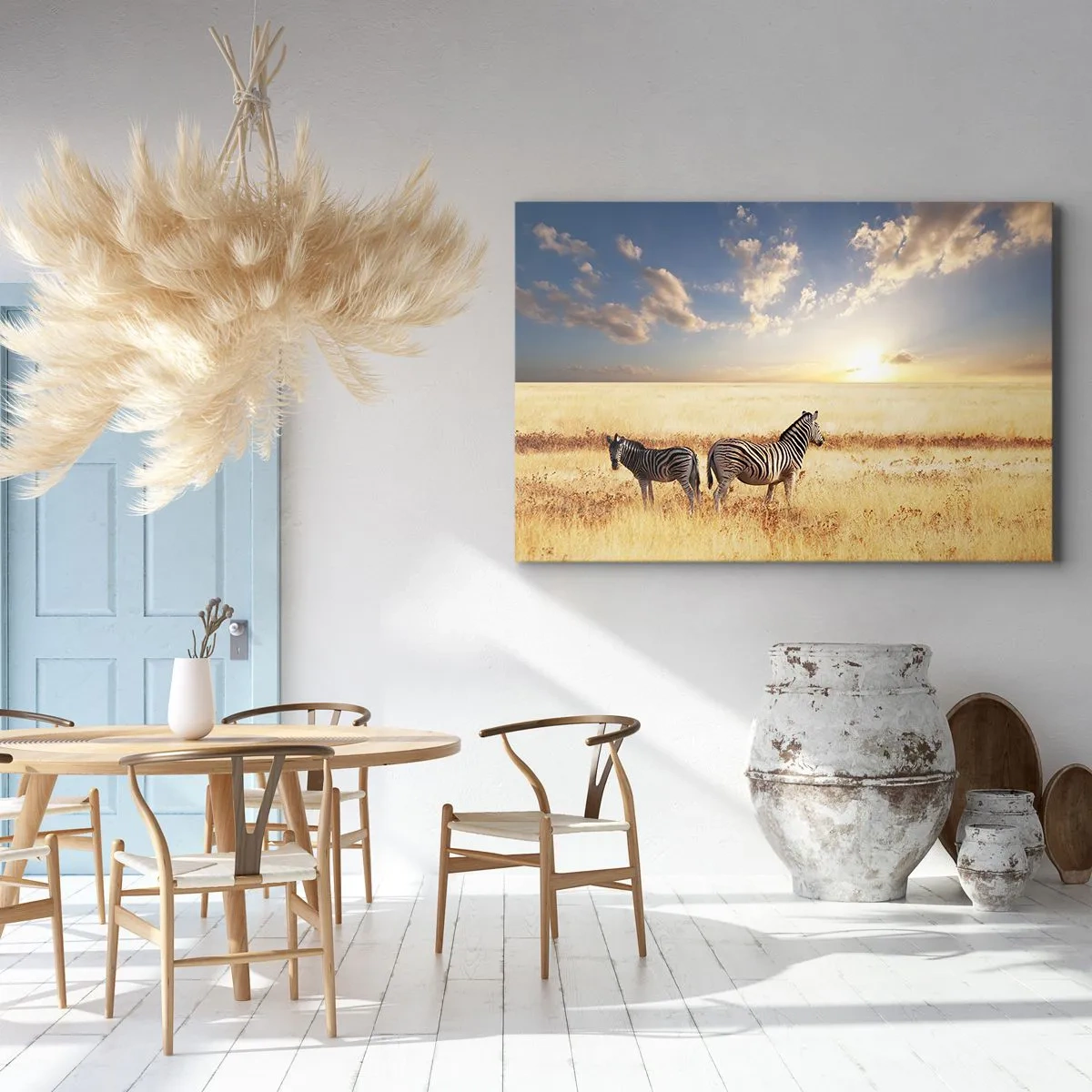 Bild auf Leinwand - Leinwandbild - Zwei Zebras in der Savanne in den Strahlen der untergehenden Sonne - 70x50cm - Geh weg, sei nicht in Frieden - Moderne Wanddekoration für Wohnzimmer und Schlafzimmer ARTTOR