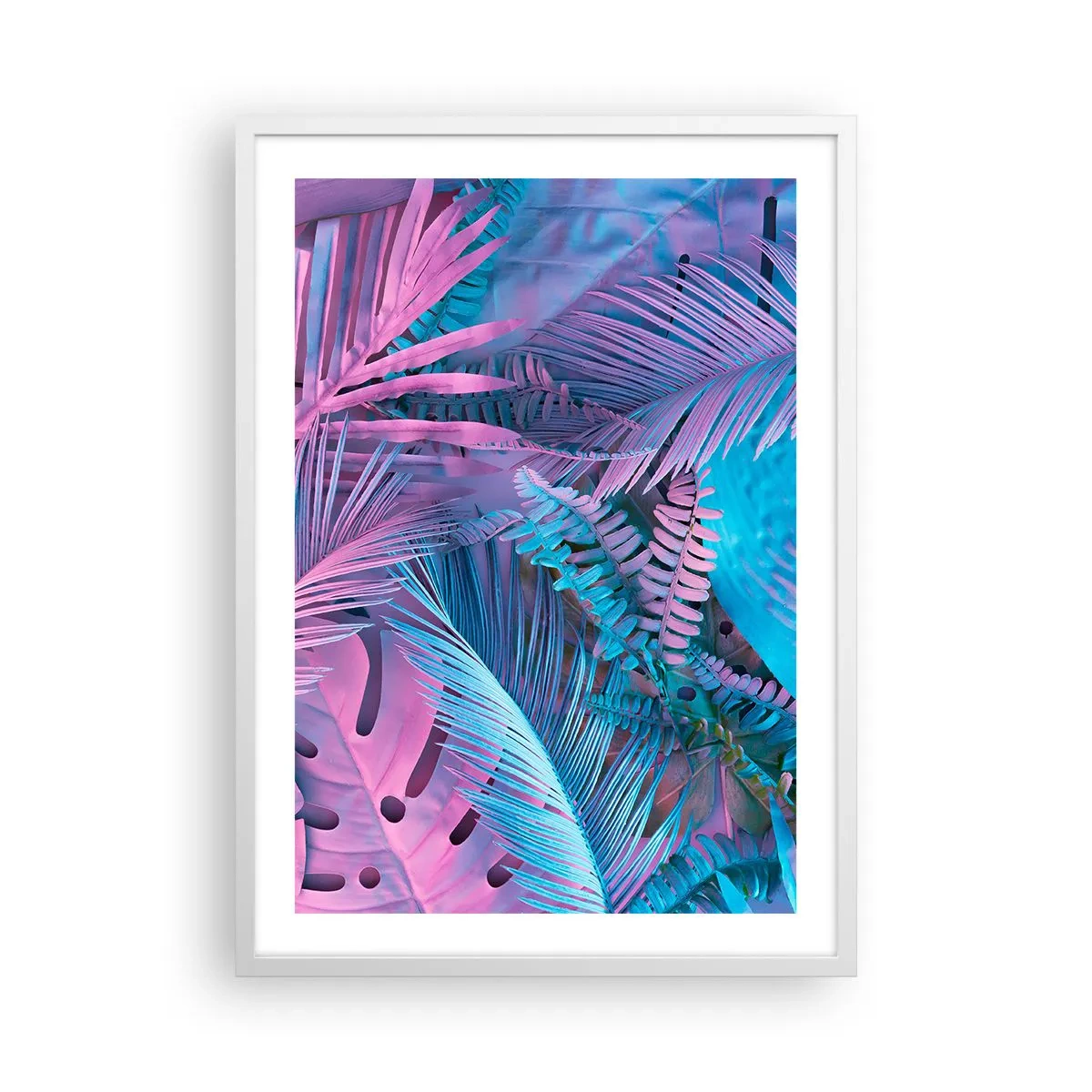 Poster in einem weißen Rahmen - Tropen in Rosa und Blau - 50x70 cm