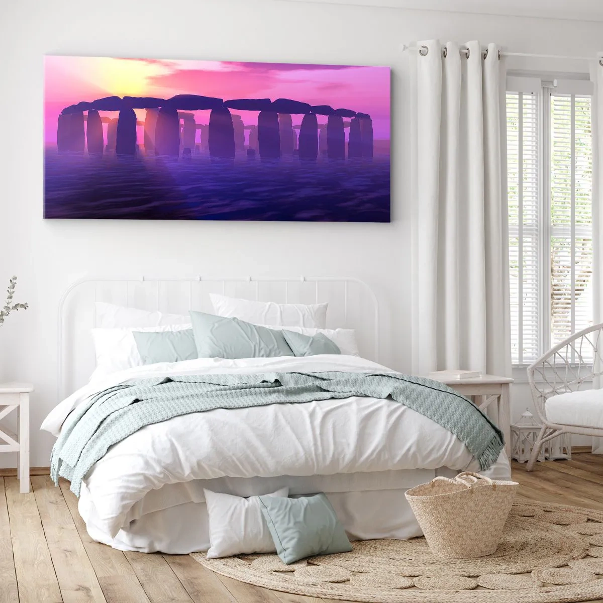 Bild auf Leinwand - Leinwandbild - Steinkreis bei Sonnenuntergang mit violettem Himmel - 140x50cm - Geheimnis im Morgengrauen im Nebel - Moderne Wanddekoration für Wohnzimmer und Schlafzimmer ARTTOR