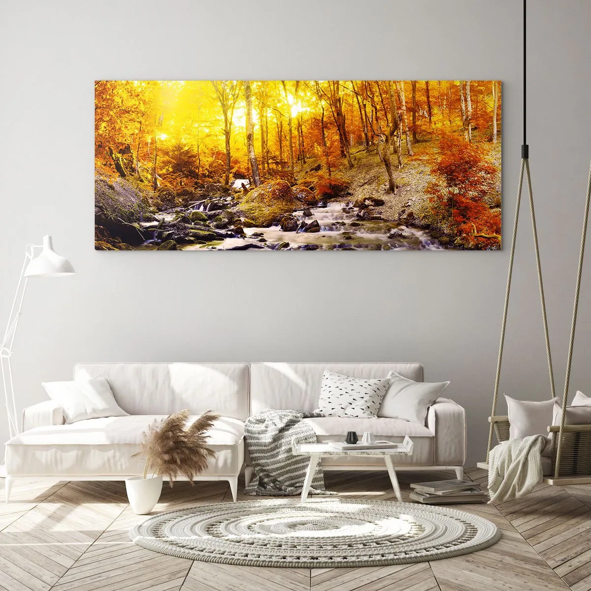 Glasbild - Bild auf glas - Herbstwald mit einem Bach zwischen goldenen Blättern - 140x50cm - In Gold und Platin gefasste Steine - Moderne Wanddekoration für Wohnzimmer und Schlafzimmer ARTTOR