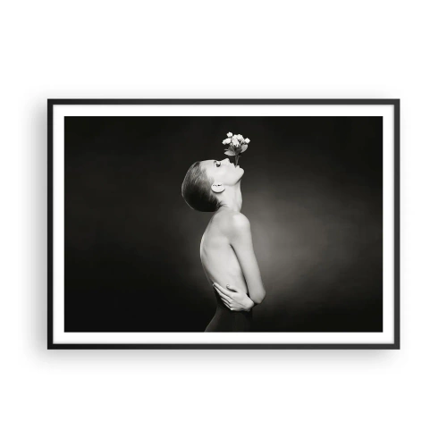 Poster in einem schwarzem Rahmen - Schwarz-weiße Silhouette einer Frau mit einer Blume - 100x70cm - Exzentrische Eleganz - Moderne Wanddekoration für Wohnzimmer und Schlafzimmer ARTTOR