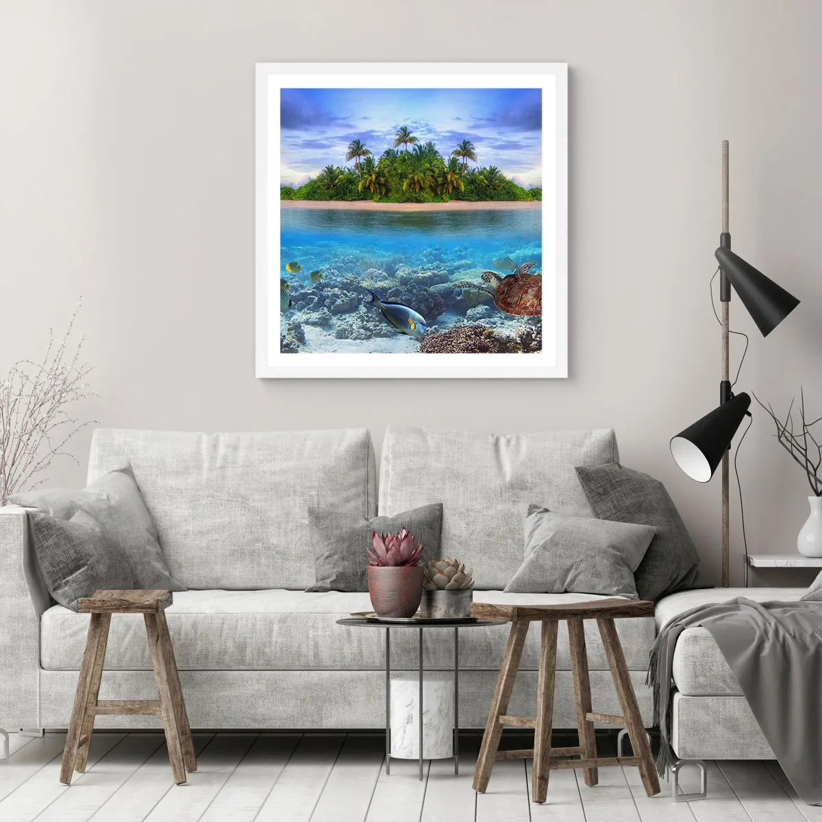 Poster in einem weißen Rahmen - Heavenly Island lädt dich ein - 60x60 cm