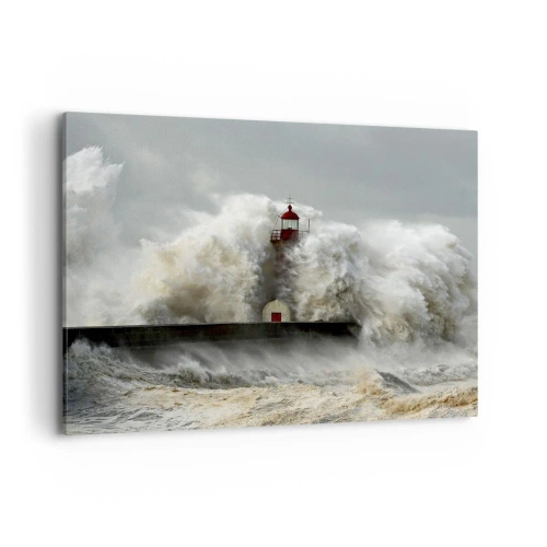 Bild auf Leinwand - Leinwandbild - Ein Leuchtturm, umgeben von rauen Wellen während eines Sturms - 100x70cm - Die Wut des Ozeans - Moderne Wanddekoration für Wohnzimmer und Schlafzimmer ARTTOR