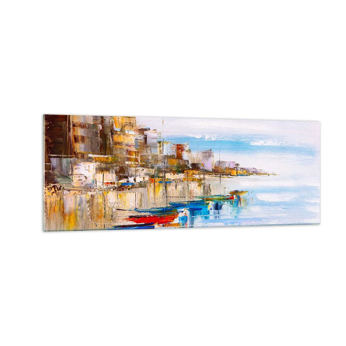 Glasbild - Bild auf glas - Bunte Boote am Ufer mit Blick auf die Skyline der Stadt - 140x50cm - Bunte urbane Oase - Moderne Wanddekoration für Wohnzimmer und Schlafzimmer ARTTOR