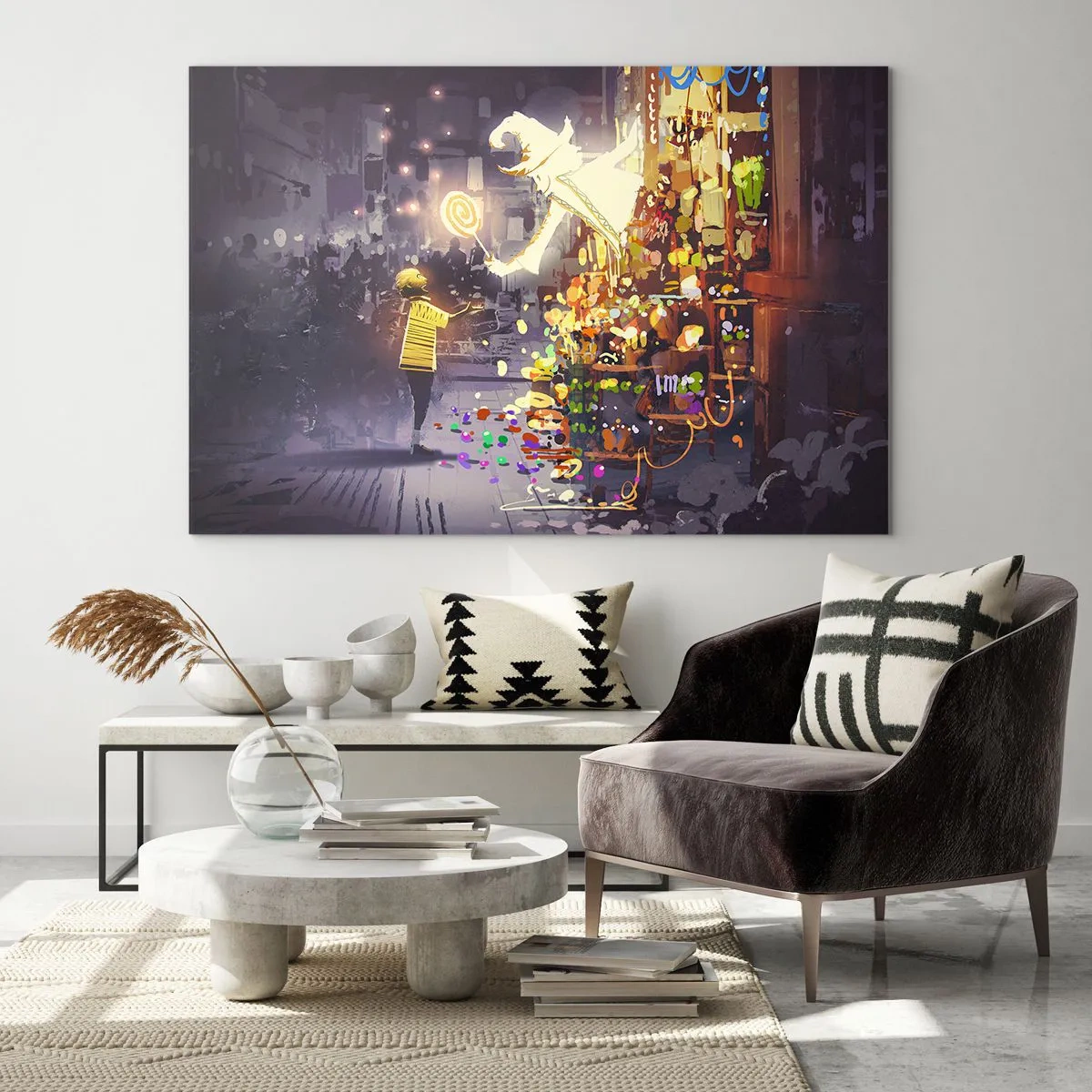 Glasbild - Bild auf glas - Ein Kind in einem hellen T-Shirt an einem hellen Stand voller bunter Süßigkeiten - 70x50cm - Magie ist da - Moderne Wanddekoration für Wohnzimmer und Schlafzimmer ARTTOR