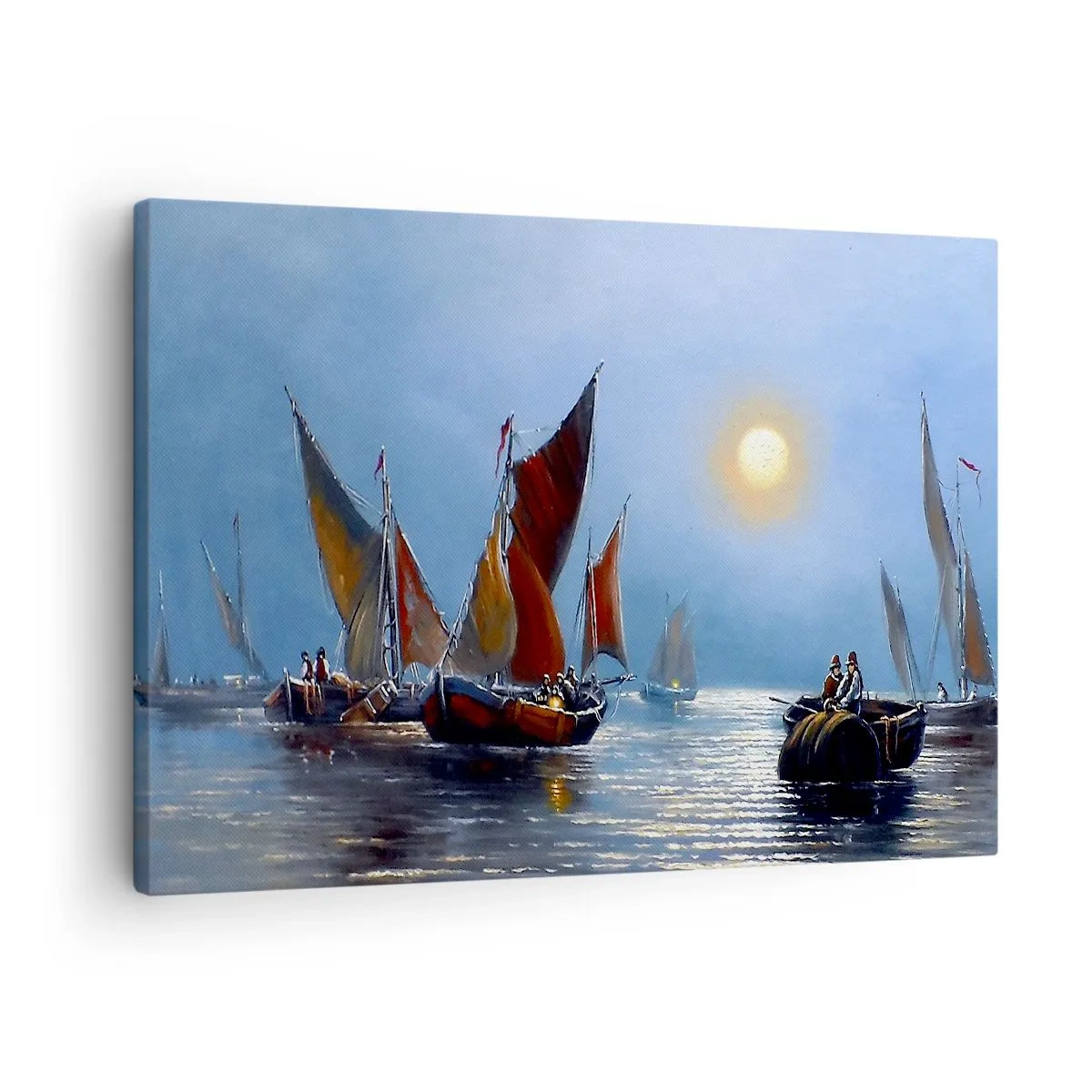 Bild auf Leinwand - Leinwandbild - Boote mit Segeln auf ruhigem Wasser bei Sonnenuntergang - 70x50cm - Nachtfang - Moderne Wanddekoration für Wohnzimmer und Schlafzimmer ARTTOR