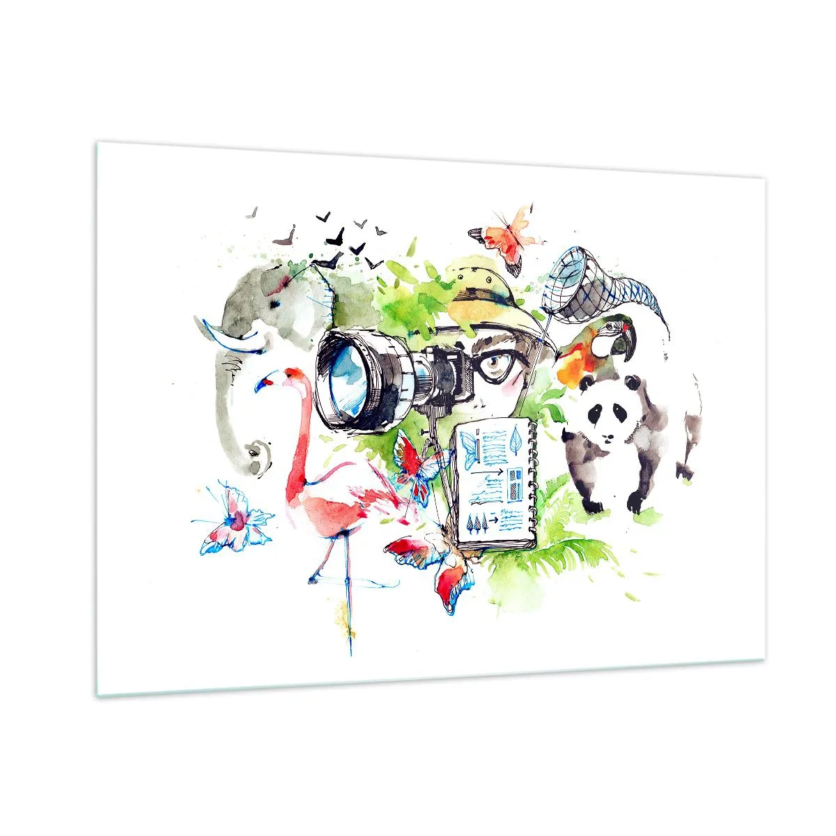 Glasbild - Bild auf glas - Illustration eines Fotografen mit einer Kamera und Tieren - 100x70cm - In der Linse eines Reisenden - Moderne Wanddekoration für Wohnzimmer und Schlafzimmer ARTTOR
