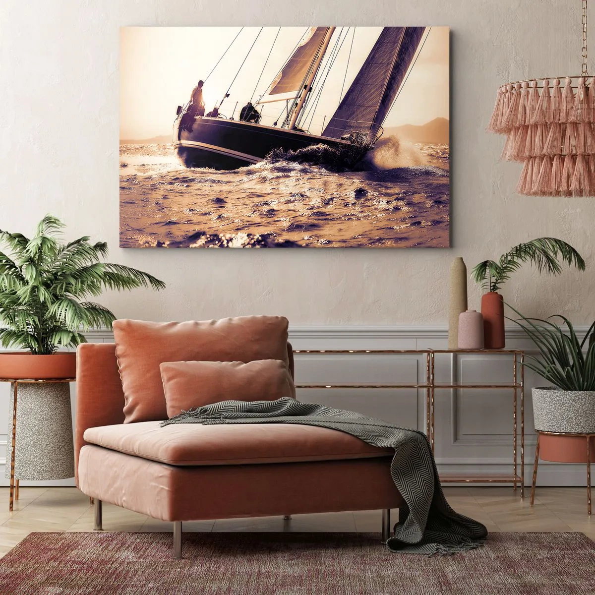 Bild auf Leinwand - Leinwandbild - Eine Yacht auf stürmischer See im Licht der untergehenden Sonne - 70x50cm - Segle, Seemann - Moderne Wanddekoration für Wohnzimmer und Schlafzimmer ARTTOR