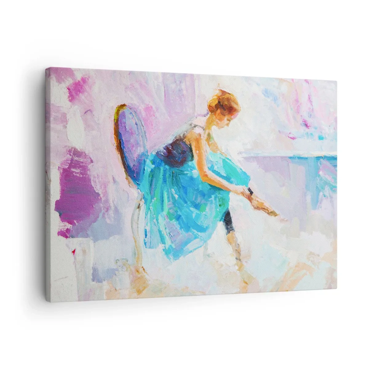 Bild auf Leinwand - Leinwandbild - Eine Ballerina in Pastelltönen bereitet sich auf den Tanz vor. - 70x50cm - Unbeschreibliche Anmut, subtiler Charme - Moderne Wanddekoration für Wohnzimmer und Schlafzimmer ARTTOR