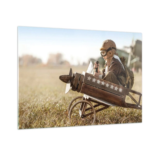 Glasbild - Bild auf glas - Ein Kind in einem Holzflugzeug, das in Fliegerkleidung vorgibt, ein Pilot zu sein. - 100x70cm - Start in Richtung eines Traums - Moderne Wanddekoration für Wohnzimmer und Schlafzimmer ARTTOR