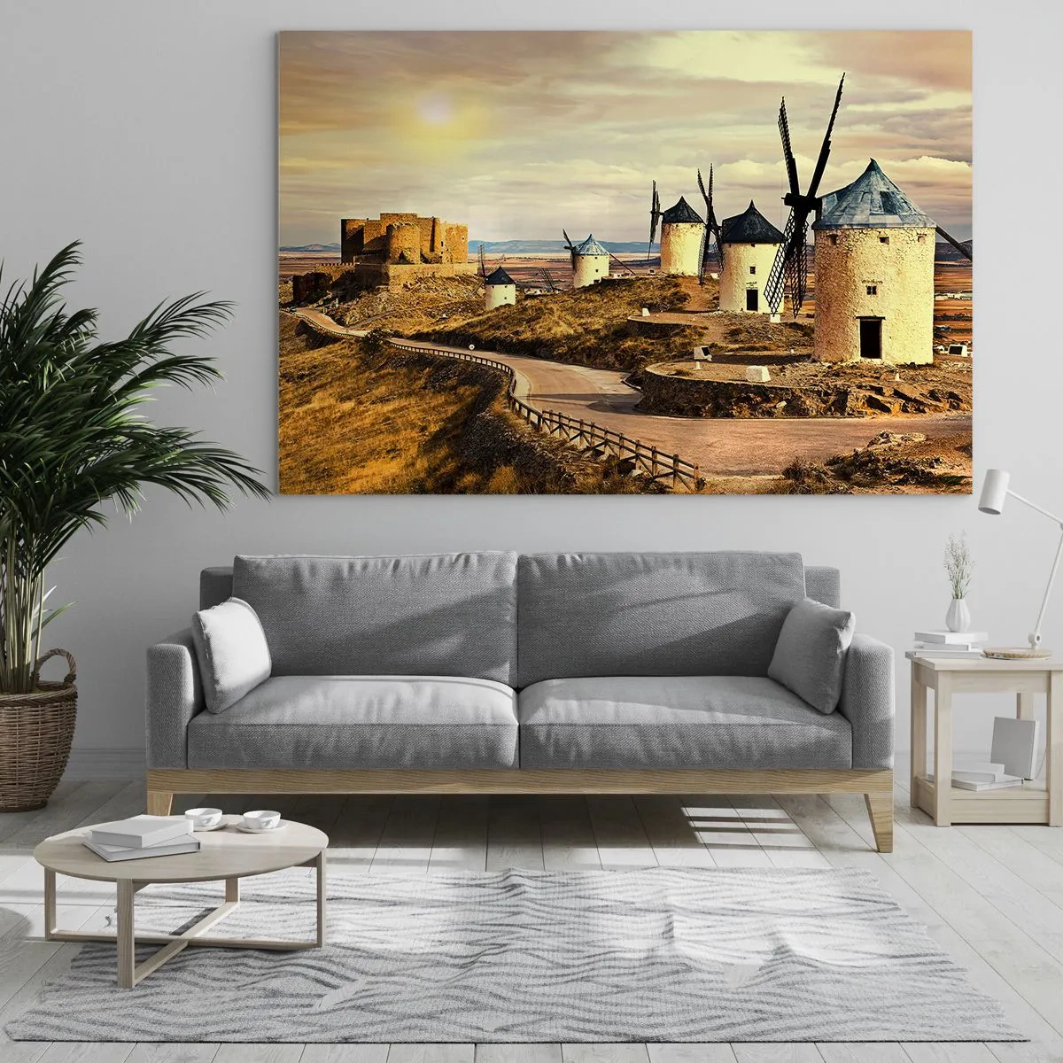 Glasbild - Bild auf glas - Windmühlen und eine Burg in der Landschaft bei Sonnenuntergang - 70x50cm - Don Quijote kommt gleich - Moderne Wanddekoration für Wohnzimmer und Schlafzimmer ARTTOR