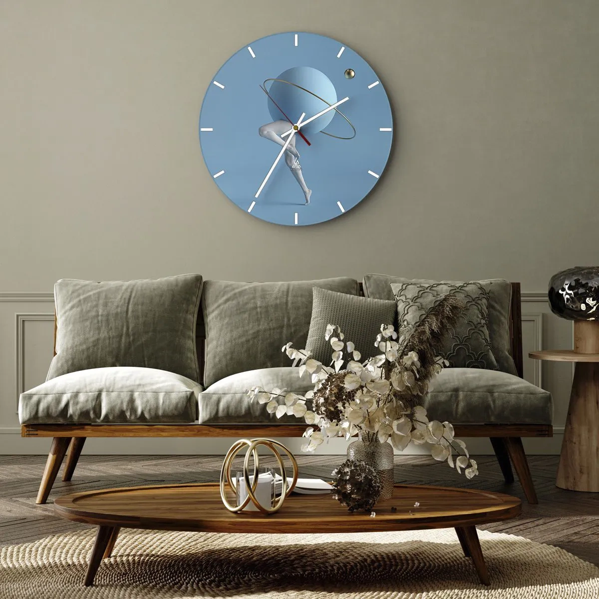 Wanduhr - Glasuhr - Eine surreale Figur mit einer Planetenkugel vor dem Himmel - 30x30cm - Und die Planeten spielen verrückt - Moderne Wanddekoration für Wohnzimmer, Küche und Schlafzimmer ARTTOR