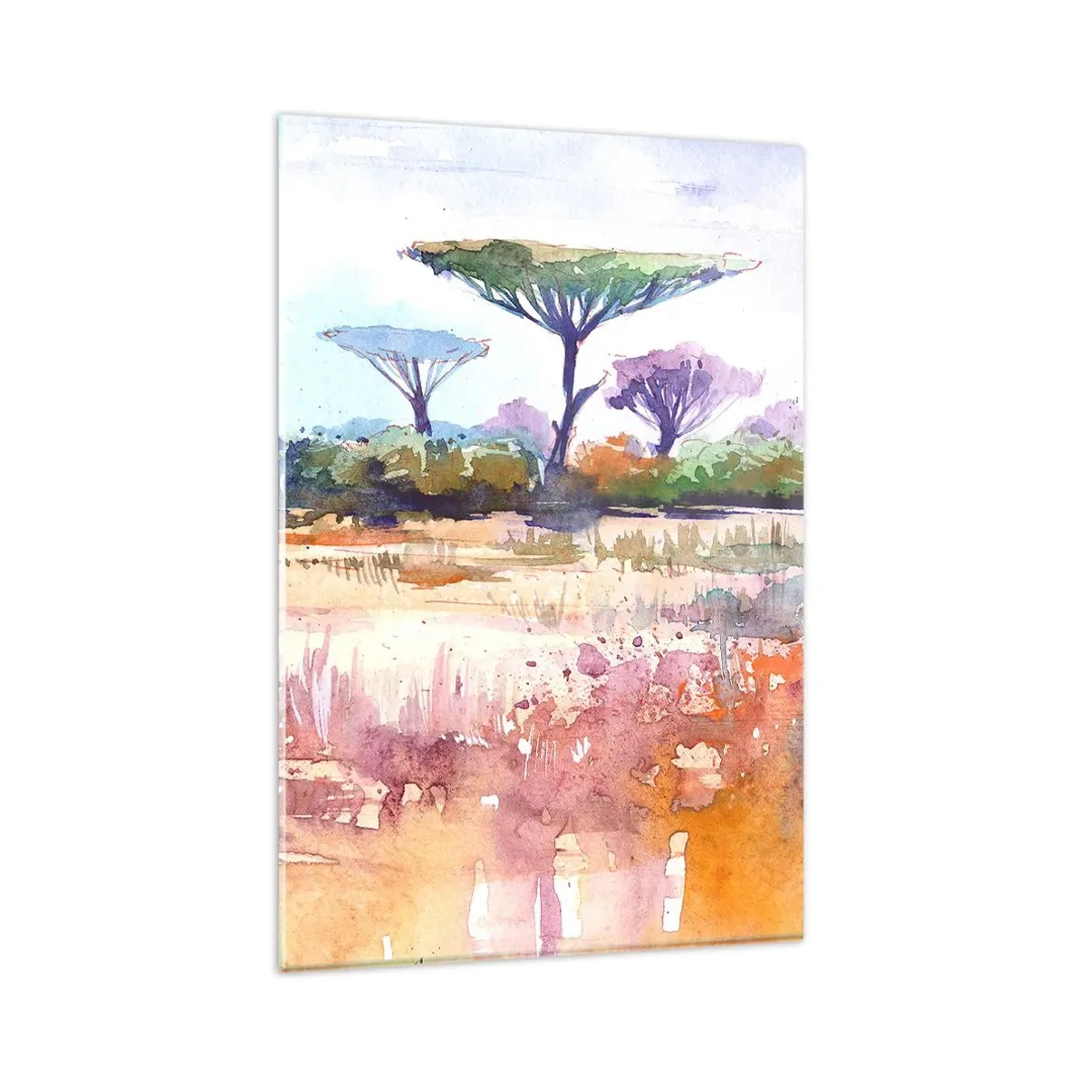 Glasbild - Bild auf glas - Eine malerische Savannenlandschaft in Aquarellfarben - 80x120cm - Savannah-Farben - Moderne Wanddekoration für Wohnzimmer und Schlafzimmer ARTTOR