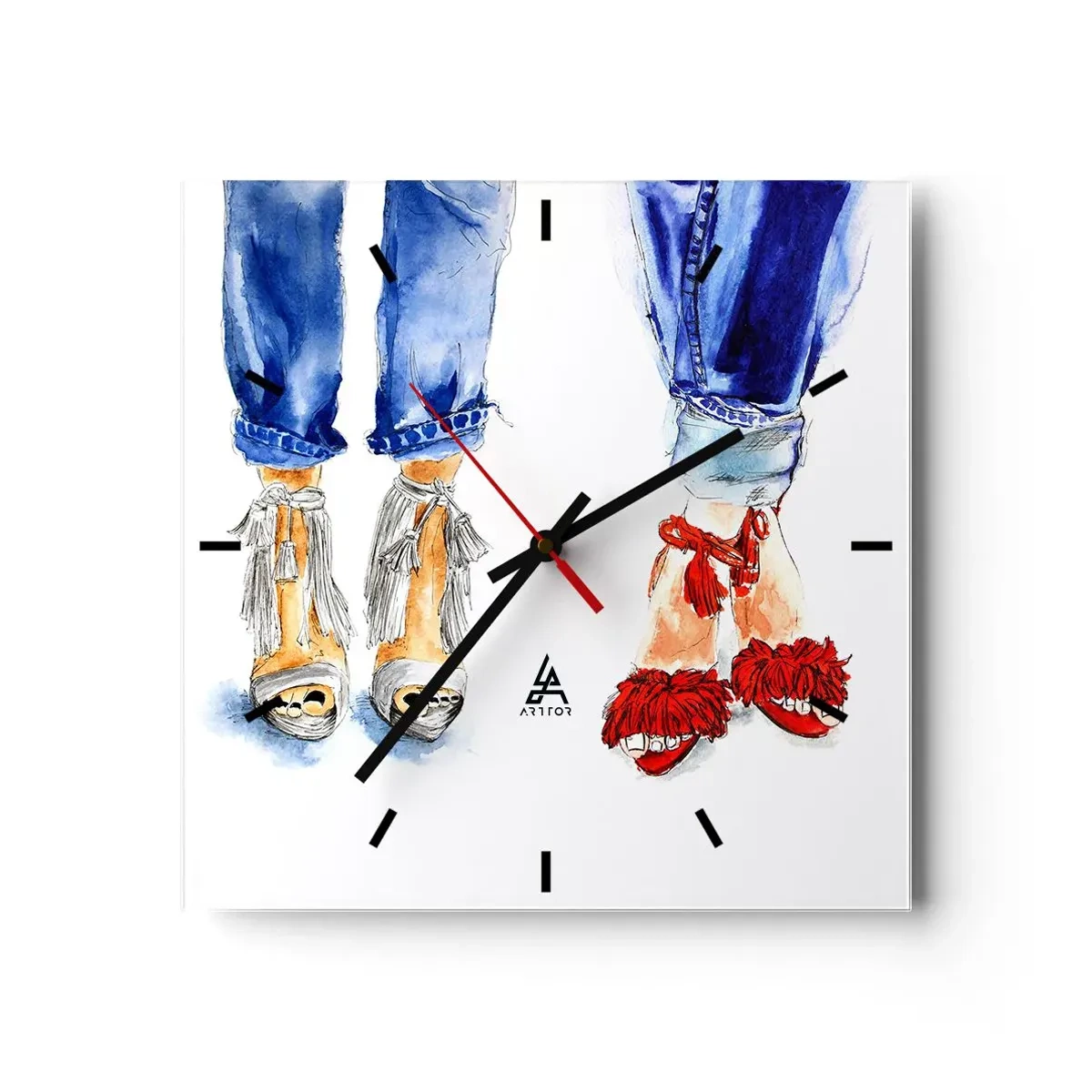 Wanduhr - Glasuhr - Abbildung von zwei Paar Schuhen in stylischen Sandalen und Jeans - 30x30cm - Vielleicht gehen wir spazieren? - Moderne Wanddekoration für Wohnzimmer und Schlafzimmer ARTTOR