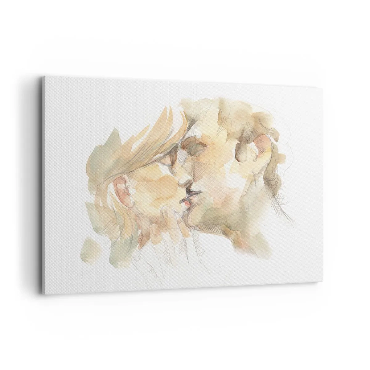 Bild auf Leinwand - Leinwandbild - Romantisches Aquarellporträt eines sich küssenden Paares - 120x80cm - Hälfte gefunden? - Moderne Wanddekoration für Wohnzimmer und Schlafzimmer ARTTOR