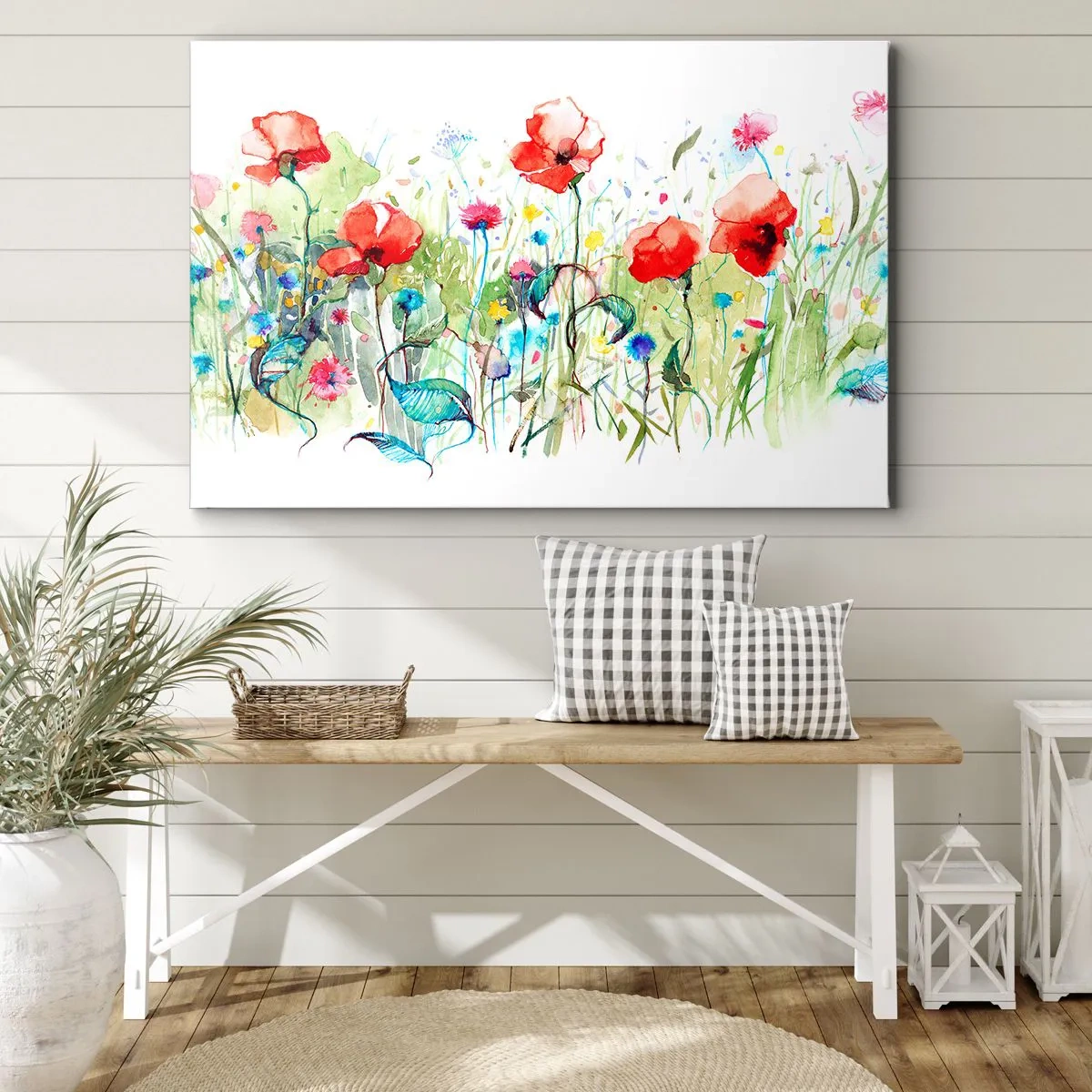 Bild auf Leinwand - Leinwandbild - Eine Wiese mit roten Mohnblumen und bunten Blumen in Aquarell - 120x80cm - Blühende Maiwiese - Moderne Wanddekoration für Wohnzimmer und Schlafzimmer ARTTOR