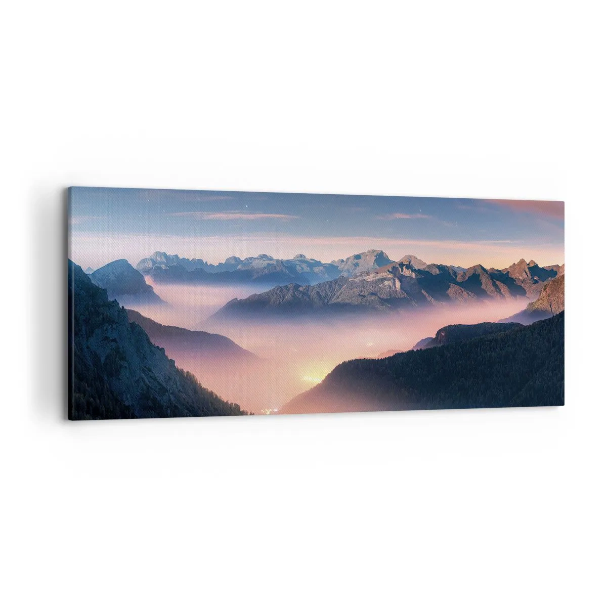 Bild auf Leinwand - Leinwandbild - Eine Berglandschaft mit einem nebelverhangenen Tal - 120x50cm - Licht in den Tälern - Moderne Wanddekoration für Wohnzimmer und Schlafzimmer ARTTOR