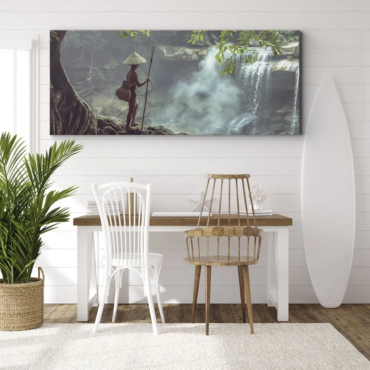 Bild auf Leinwand - Leinwandbild - Eine Figur mit einem Speer an einem Wasserfall in einem tropischen Wald - 120x50cm - Befreundet mit der Natur - Moderne Wanddekoration für Wohnzimmer und Schlafzimmer ARTTOR