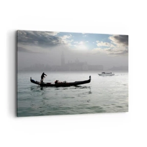 Bild auf Leinwand - Leinwandbild - An einem nebligen Morgen gleitet eine Gondel über die Gewässer Venedigs und bietet einen Blick auf die Stadt. - 100x70cm - Eine fabelhafte Stadt aus Wasser und Nebel - Moderne Wanddekoration für Wohnzimmer und Schlafzimm
